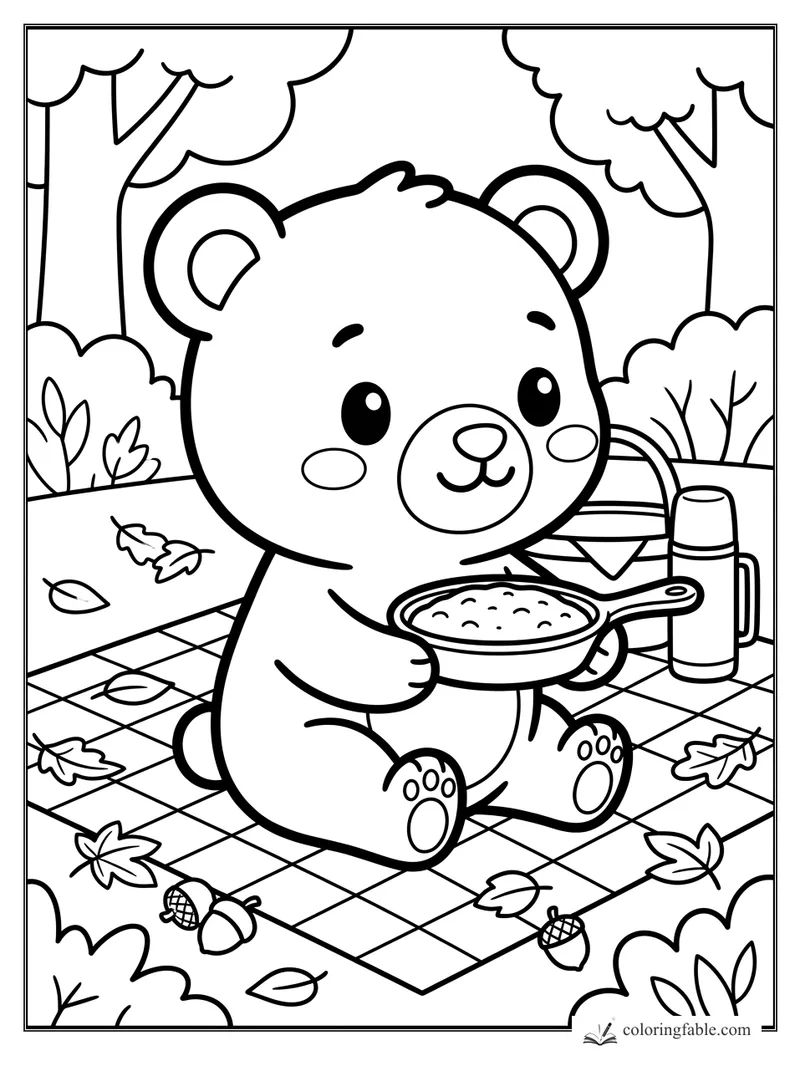 Kawaii bear holding a skillet on a checkered picnic blanket with thermos, basket, leaves, and acorns.