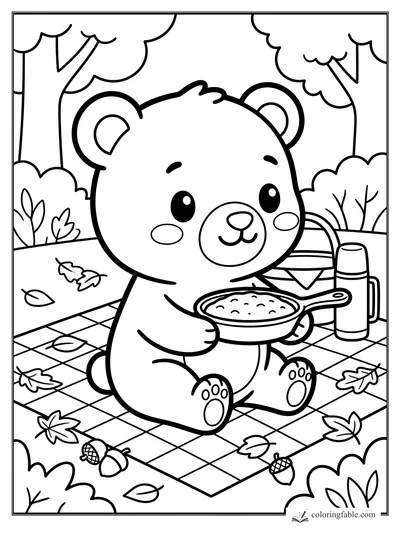 Kawaii bear holding a skillet on a checkered picnic blanket with thermos, basket, leaves, and acorns.