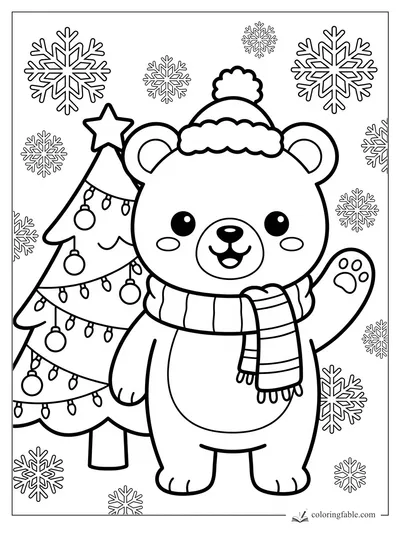 Kawaii bear in winter hat and scarf waving beside a decorated Christmas tree and snowflakes