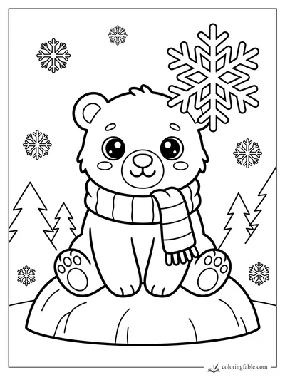 Kawaii Christmas bear in a striped scarf sitting on a snowy hill with pine trees and snowflakes