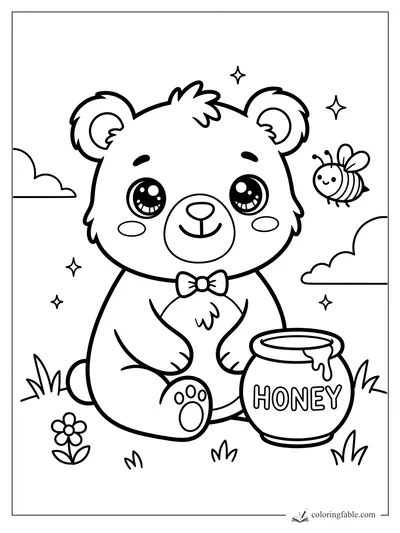 Kawaii bear sitting beside a honey pot, smiling at a little bee among clouds, grass, flowers, and sparkles.