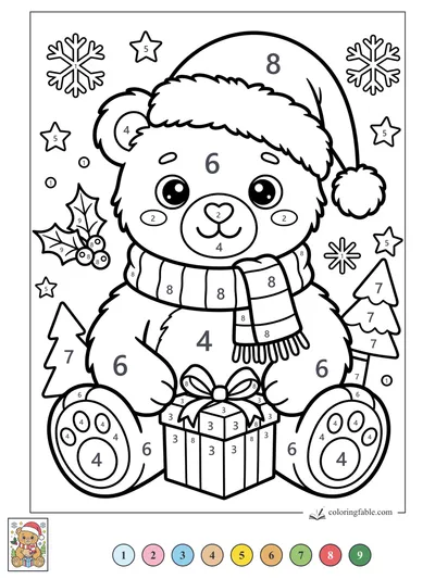 Kawaii Bear with Santa Hat and Present — color by number