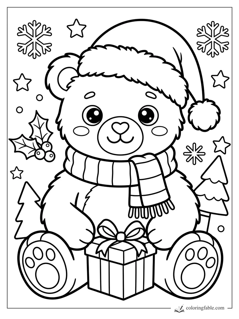 Kawaii Christmas bear in a Santa hat and scarf holding a wrapped gift among stars, snowflakes, holly, and trees.