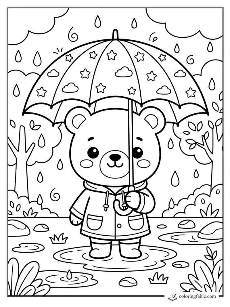 Kawaii bear in a raincoat holding a starry umbrella among puddles, raindrops, trees, and bushes.