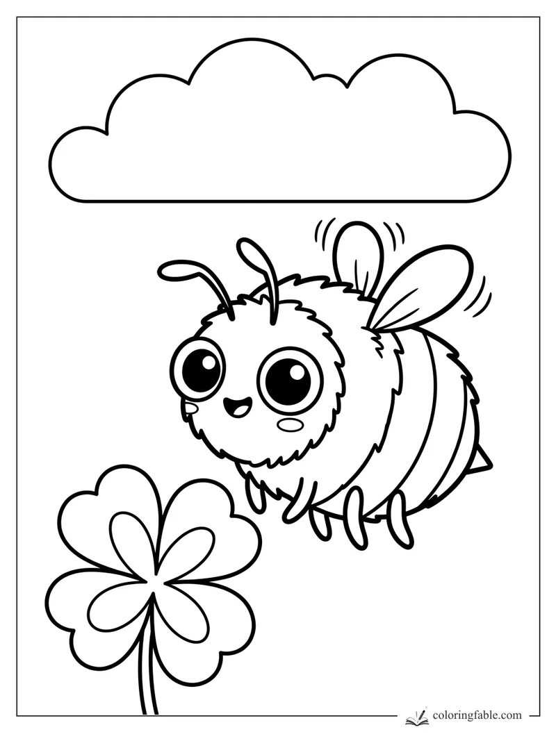Kawaii bee with big eyes flying under a cloud above a clover flower coloring page
