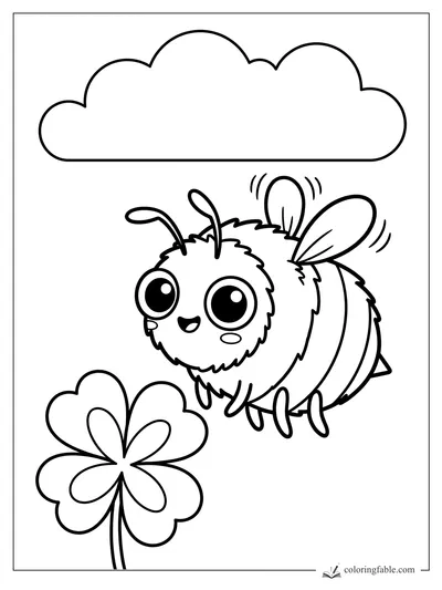 Kawaii bee with big eyes flying under a cloud above a clover flower coloring page