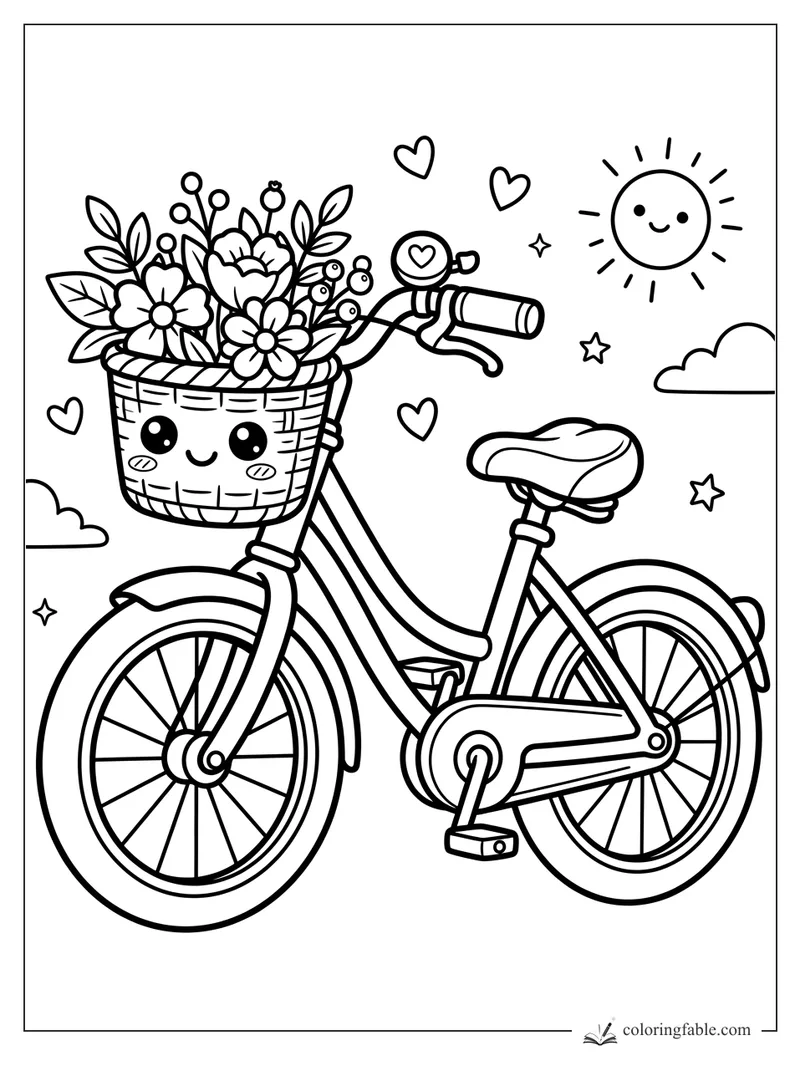 Kawaii bicycle coloring page with smiling flower basket, bell, hearts, sun, clouds, and stars