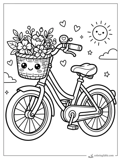 Kawaii bicycle coloring page with smiling flower basket, bell, hearts, sun, clouds, and stars