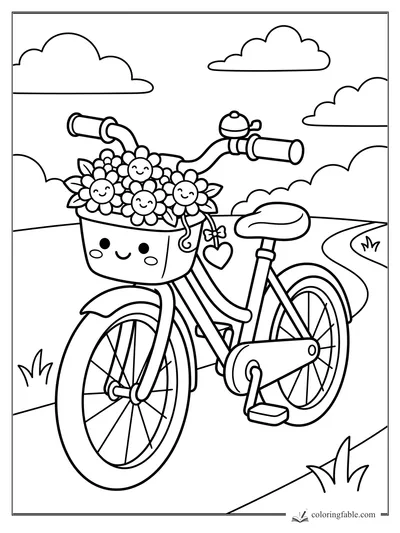 Kawaii bicycle coloring page with smiling flower basket, bell, clouds, and winding path.