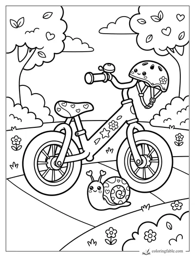 Kawaii kids bike with heart seat, flower helmet, bell, trees, clouds, and a smiling snail on the path