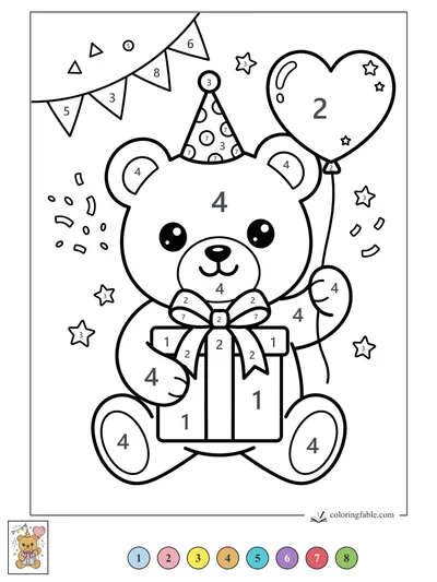 Kawaii Birthday Bear With Gift and Heart Balloon — color by number