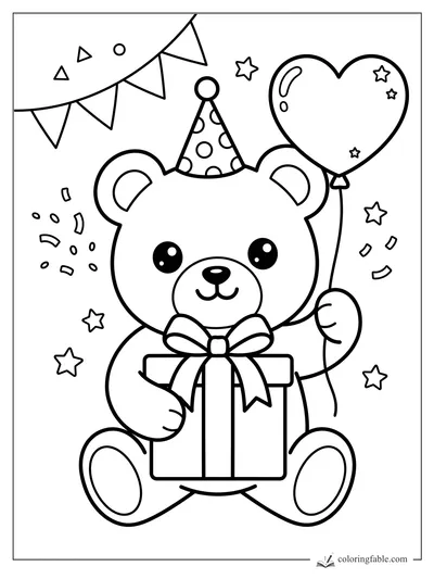 Kawaii teddy bear holding a wrapped gift, wearing a party hat, with a heart balloon and bunting.