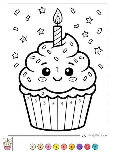 Kawaii Birthday Cupcake with One Candle — color by number