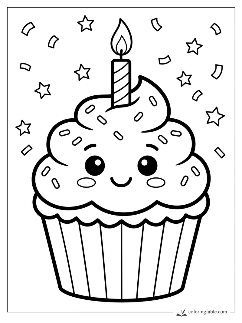 Kawaii birthday cupcake with smiling frosting, striped candle, sprinkles, stars, and confetti