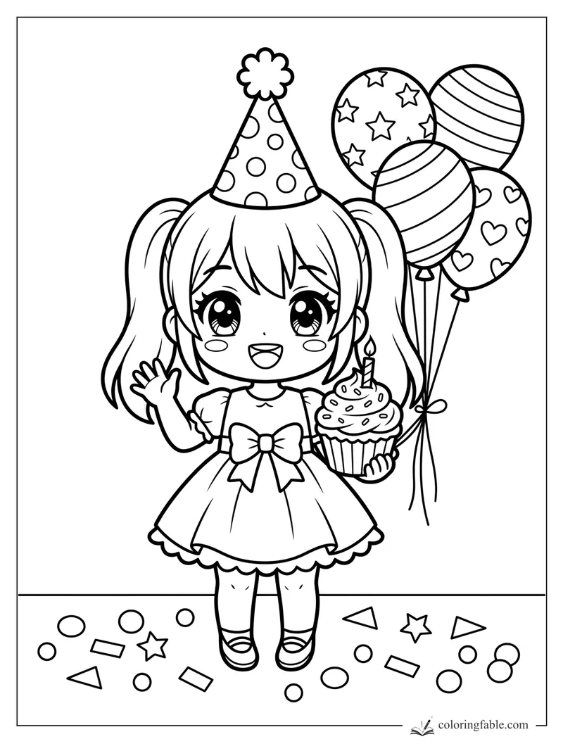 Kawaii anime birthday girl waving with a cupcake, party hat, balloons, and confetti