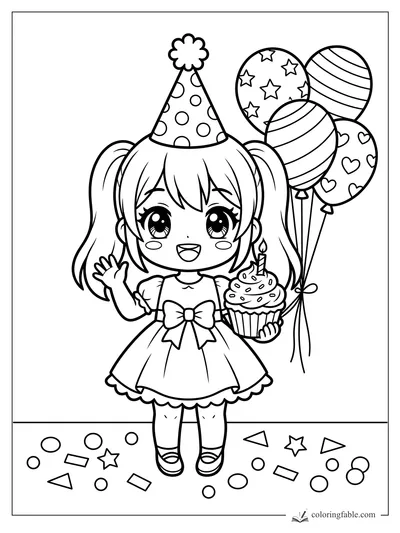 Kawaii anime birthday girl waving with a cupcake, party hat, balloons, and confetti