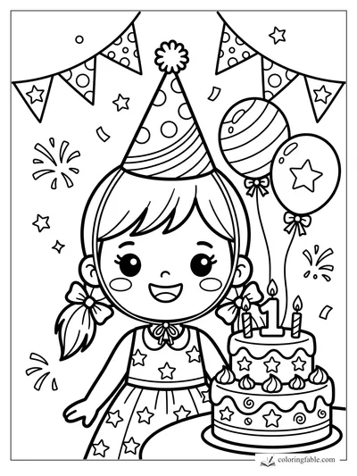 Kawaii girl in a party hat beside a two-tier star cake, balloons, bunting, confetti, and candles.