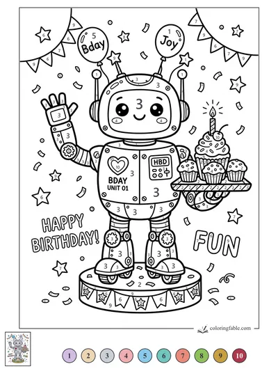 Kawaii Birthday Robot with Cupcakes — color by number