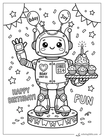 Kawaii robot holding birthday cupcakes, waving under bunting with balloons, stars, and confetti
