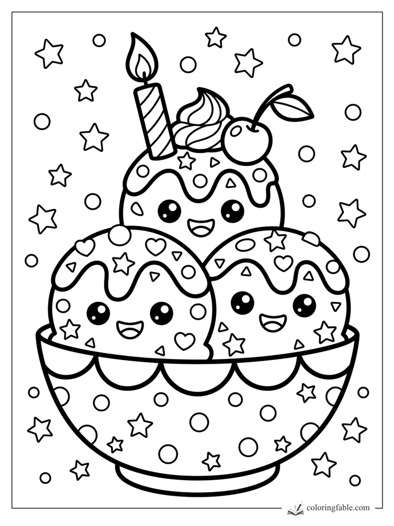 Kawaii ice cream sundae bowl with three smiling scoops, candle, cherry, whipped cream, stars, and dots.