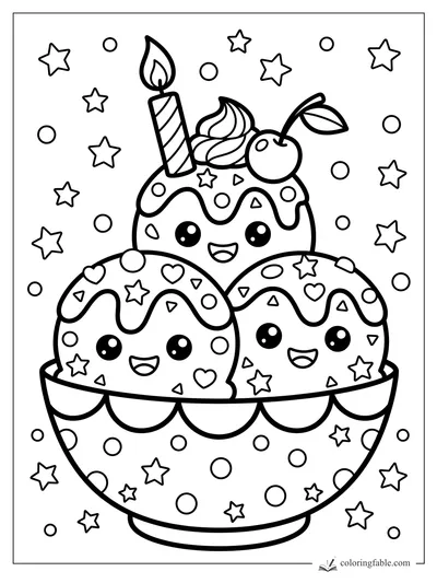 Kawaii ice cream sundae bowl with three smiling scoops, candle, cherry, whipped cream, stars, and dots.