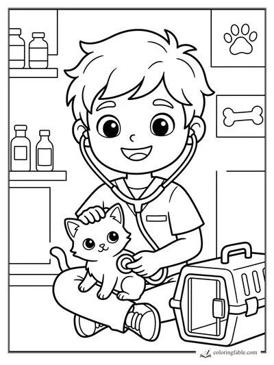 Kawaii boy veterinarian listening to a kitten with a stethoscope in a pet clinic.