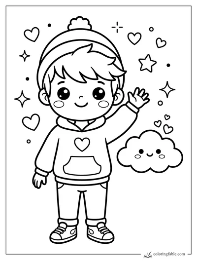 Kawaii boy in a hoodie and pom-pom hat waves beside a smiling cloud, hearts, stars, and sparkles.