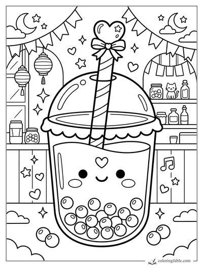 Kawaii bubble tea cup with boba pearls, striped straw, heart topper, banners, lanterns, stars, and cafe shelves