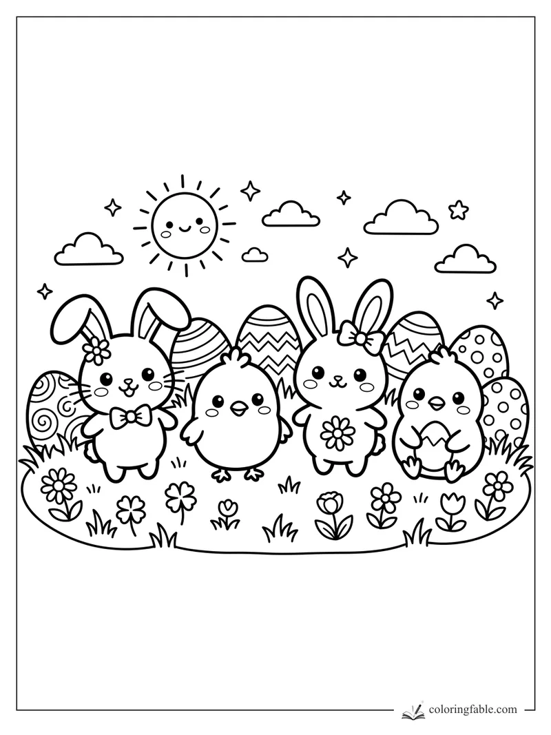 Kawaii bunnies and chicks in a flower patch with decorated candy eggs, clouds, stars, and smiling sun