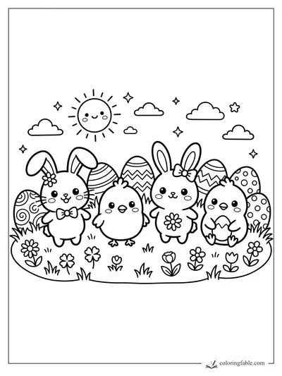 Kawaii bunnies and chicks in a flower patch with decorated candy eggs, clouds, stars, and smiling sun