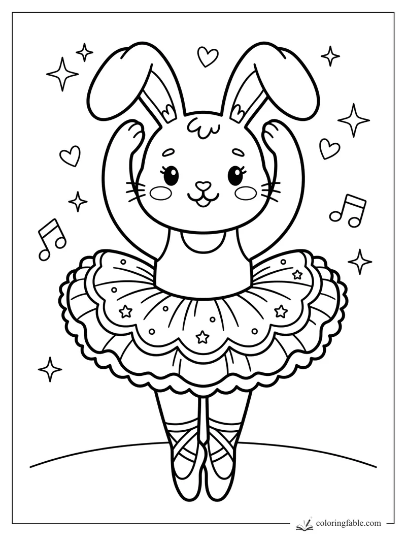 Kawaii bunny ballerina in a frilly star tutu, ballet slippers, hearts, music notes, and sparkles