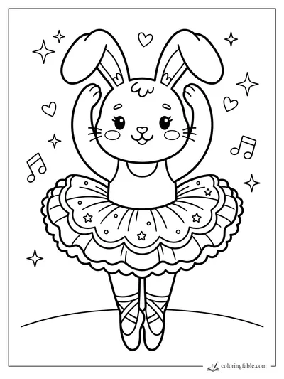 Kawaii bunny ballerina in a frilly star tutu, ballet slippers, hearts, music notes, and sparkles