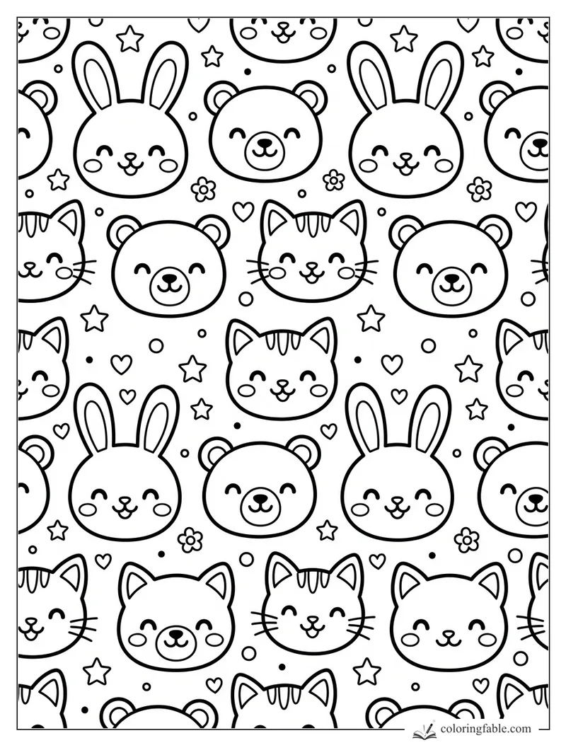 Kawaii animal face coloring page with bunnies, bears, cats, stars, hearts, flowers, and dots.