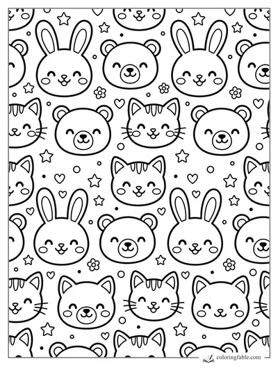 Kawaii animal face coloring page with bunnies, bears, cats, stars, hearts, flowers, and dots.