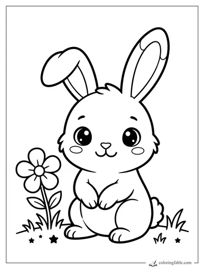Cute kawaii rabbit sitting in grass with floppy ears, shiny eyes, a daisy, leaves, and tiny stars.