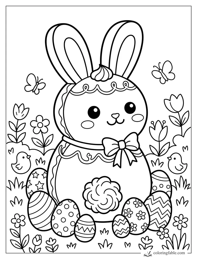 Kawaii bunny cake with tall ears, bow, Easter eggs, flowers, chicks, and butterflies coloring page
