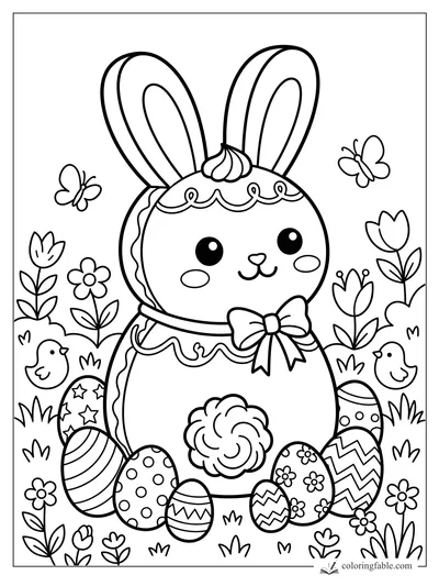Kawaii bunny cake with tall ears, bow, Easter eggs, flowers, chicks, and butterflies coloring page