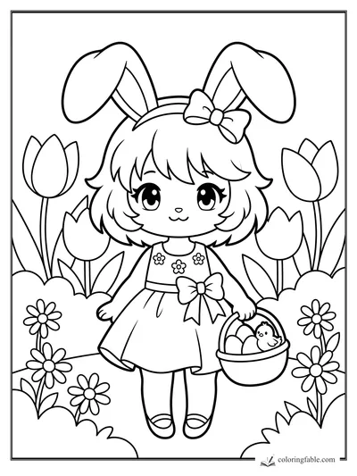 Kawaii bunny girl holding an Easter egg basket with a chick, surrounded by tulips and daisies.