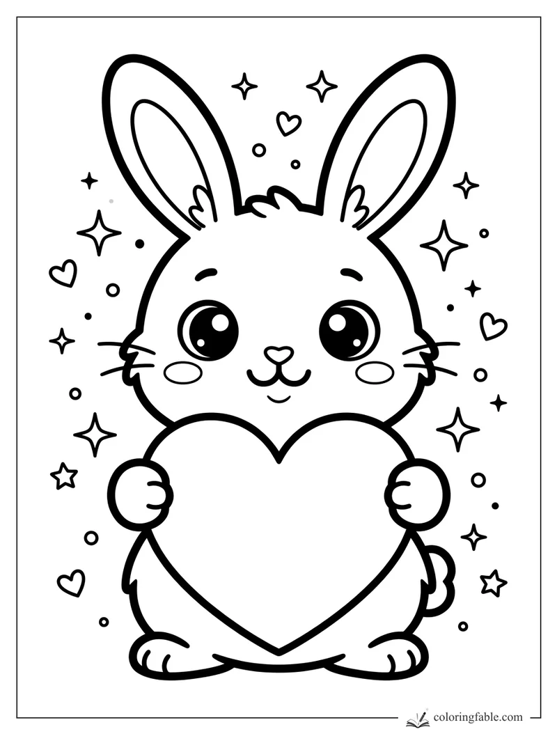 Kawaii rabbit with tall ears holding a large heart, surrounded by stars, dots, and tiny hearts.