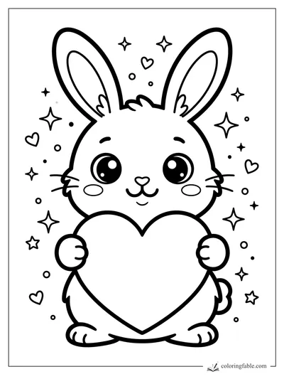 Kawaii rabbit with tall ears holding a large heart, surrounded by stars, dots, and tiny hearts.