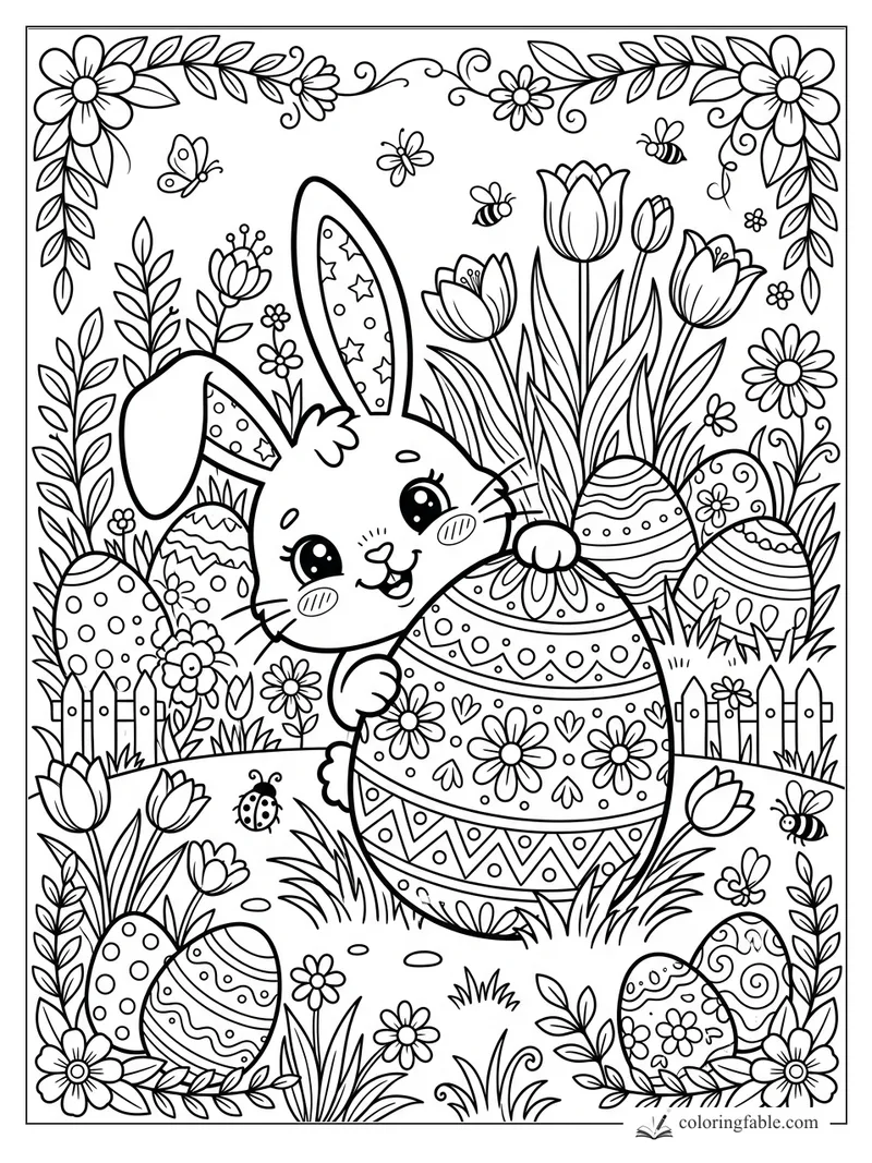 Kawaii bunny hugging a patterned Easter egg among tulips, bees, butterflies, and floral borders.