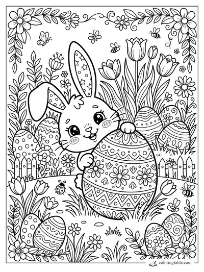 Kawaii bunny hugging a patterned Easter egg among tulips, bees, butterflies, and floral borders.