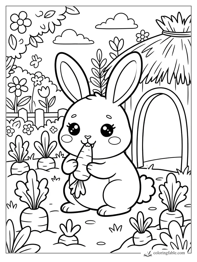 Kawaii bunny holding a carrot beside a thatched burrow, garden fence, flowers, clouds, and leafy carrots.