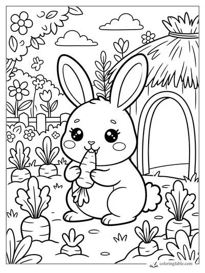 Kawaii bunny holding a carrot beside a thatched burrow, garden fence, flowers, clouds, and leafy carrots.