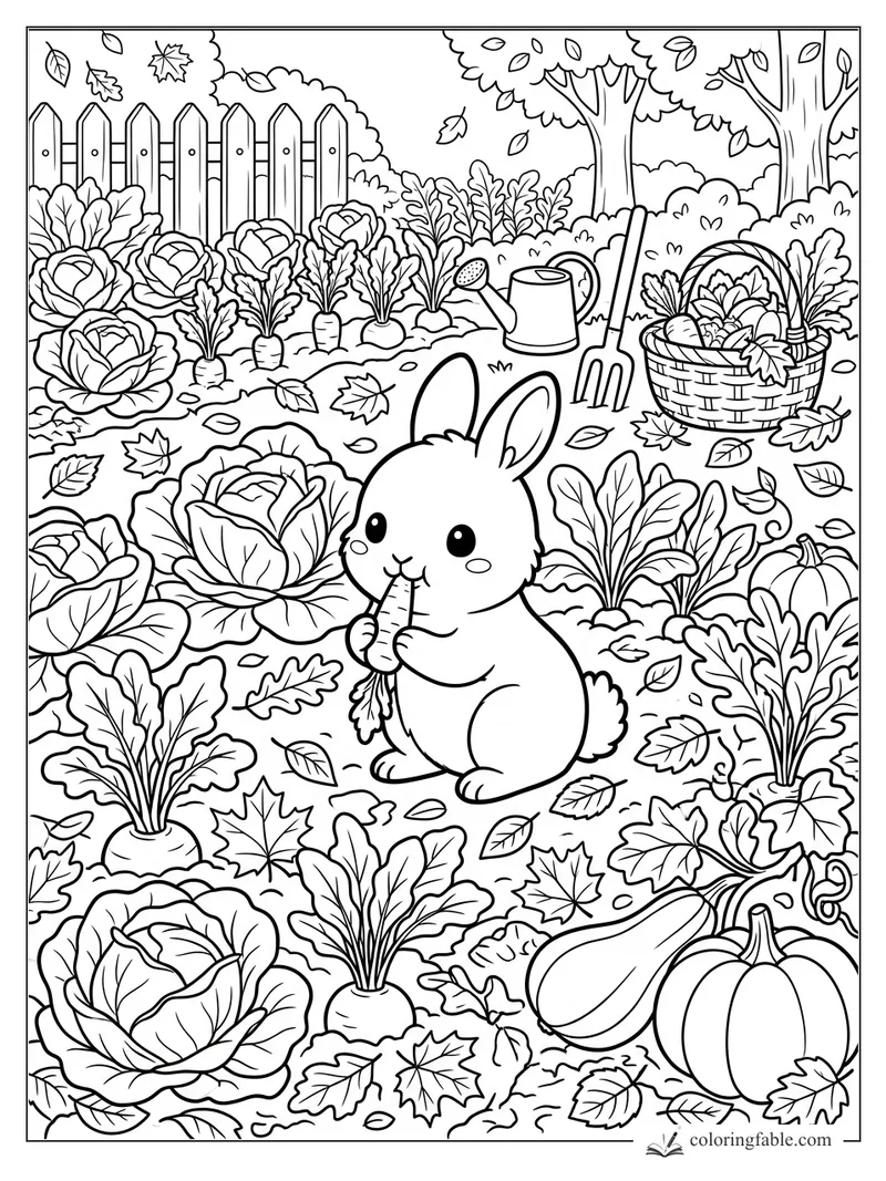 Kawaii bunny eating a carrot among cabbages, beets, pumpkins, leaves, basket, watering can, and garden fork.