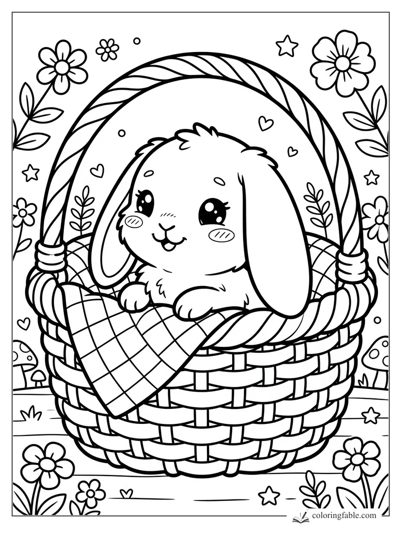 Kawaii lop-eared bunny in a woven basket with checkered blanket, flowers, hearts, stars, and mushrooms.