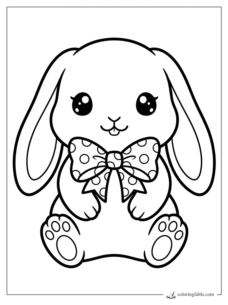 Kawaii lop-eared bunny sitting with shiny eyes, paw pads, and a big polka-dot bow.