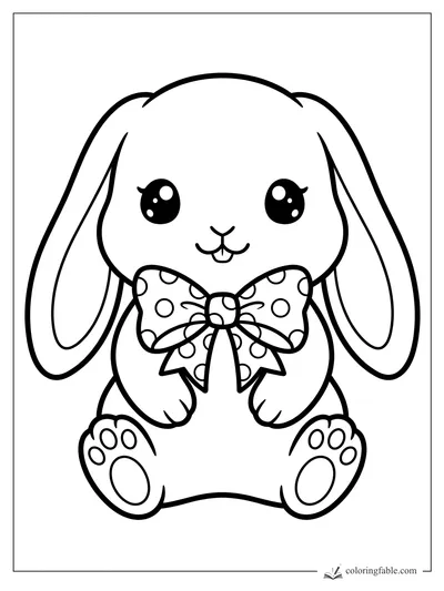 Kawaii lop-eared bunny sitting with shiny eyes, paw pads, and a big polka-dot bow.