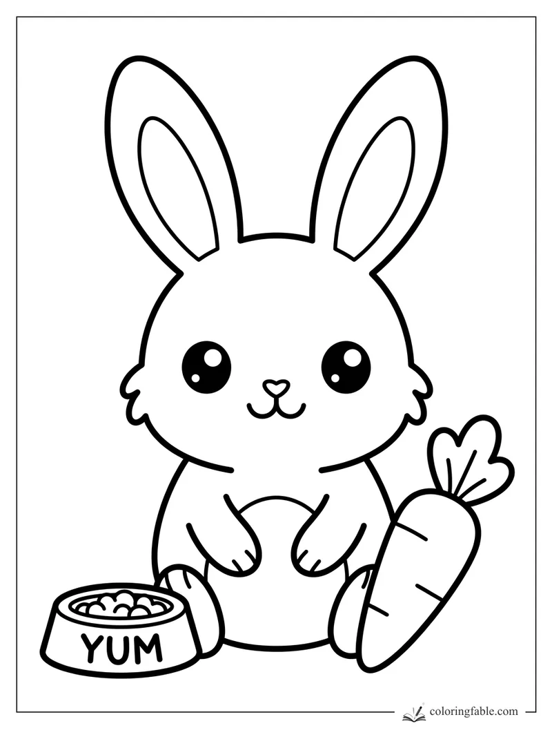 Kawaii pet bunny sitting beside a carrot and a bowl labeled YUM, with big ears and shiny eyes.