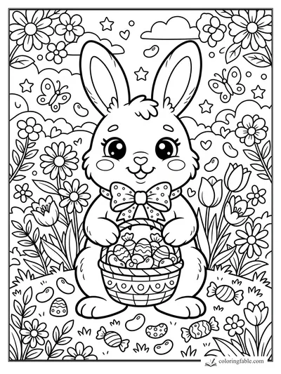Kawaii bunny holding an Easter basket with decorated eggs, candies, flowers, butterflies, stars, and clouds.